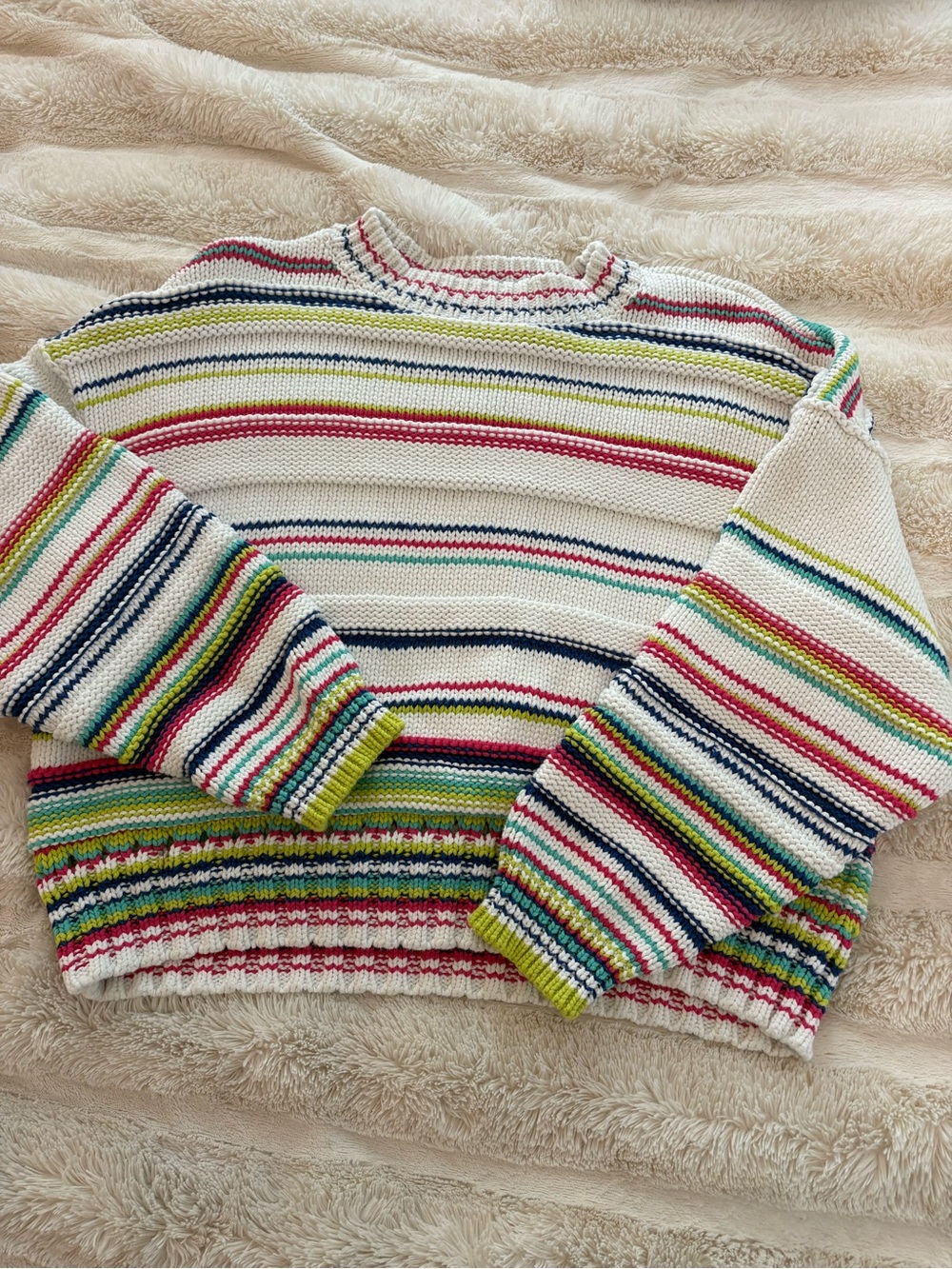Maeve Anthropologie White Multicolor Stripe Crewneck Sweater
